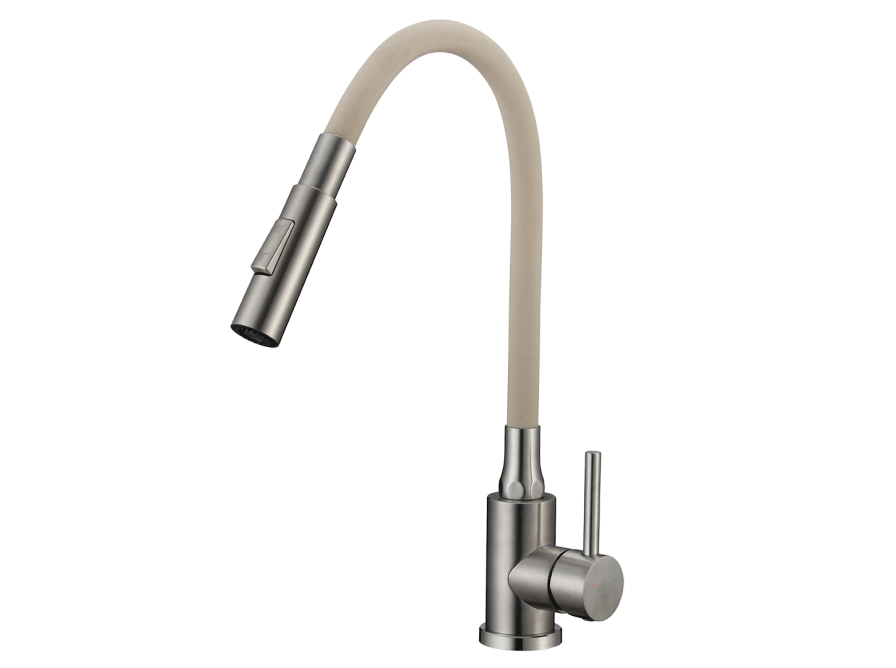 VELIA bateria zlewozmywakowa stojąca z elastyczną 2 - funkcyjną wylewką, stal szczotkowana/beż, Stal szczotkowana/beż - zdjęcie 1