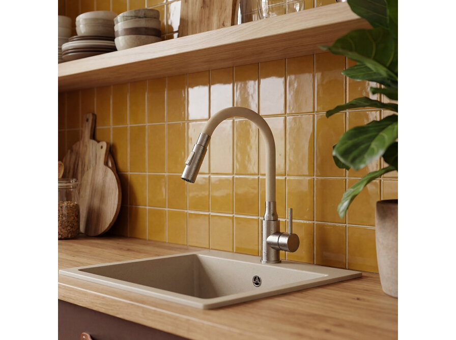 VELIA bateria zlewozmywakowa stojąca z elastyczną 2 - funkcyjną wylewką, stal szczotkowana/beż, Stal szczotkowana/beż - zdjęcie 5