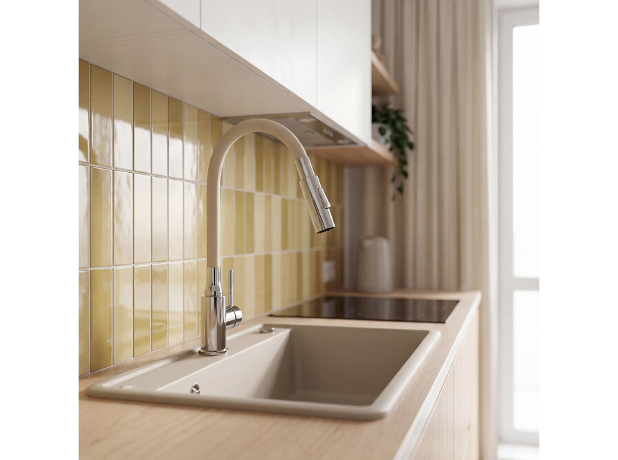 VELIA bateria zlewozmywakowa stojąca z elastyczną 2 - funkcyjną wylewką, chrom/beż, Chrom/beż - zdjęcie 5