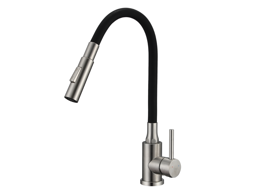 VELIA bateria zlewozmywakowa stojąca z elastyczną 2 - funkcyjną wylewką, stal szczotkowana/czarne, Stal szczotkowana/czarne - zdjęcie 1