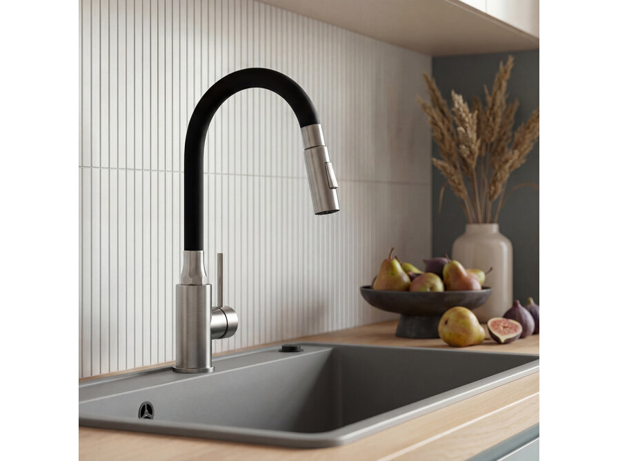 VELIA bateria zlewozmywakowa stojąca z elastyczną 2 - funkcyjną wylewką, stal szczotkowana/czarne, Stal szczotkowana/czarne - zdjęcie 5