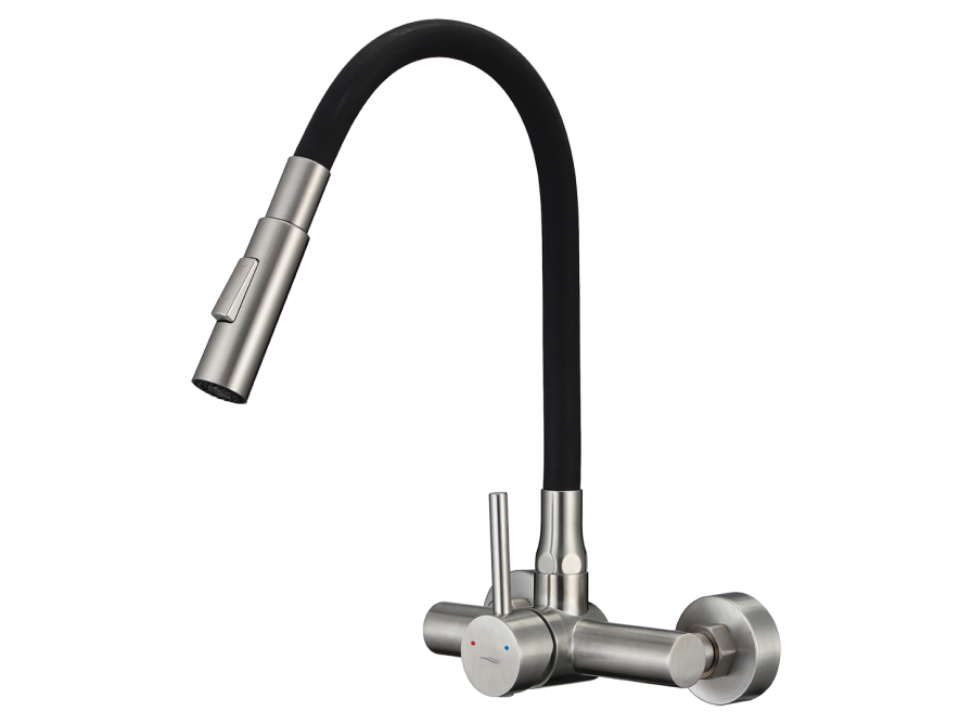 VELIA wall-mounted sink mixer with elastic 2-function spout, brushed steel/black, Brush steel/black - photo 1