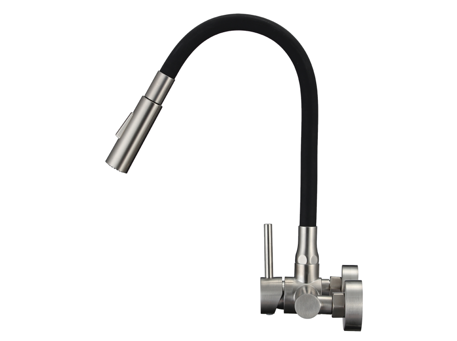 VELIA wall-mounted sink mixer with elastic 2-function spout, brushed steel/black, Brush steel/black - photo 2