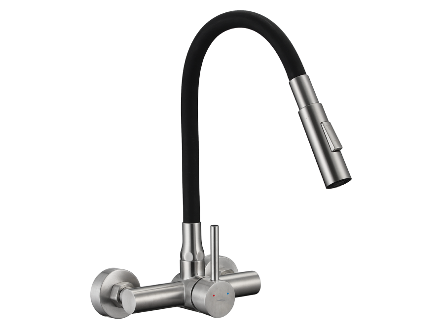 VELIA wall-mounted sink mixer with elastic 2-function spout, brushed steel/black, Brush steel/black - photo 3