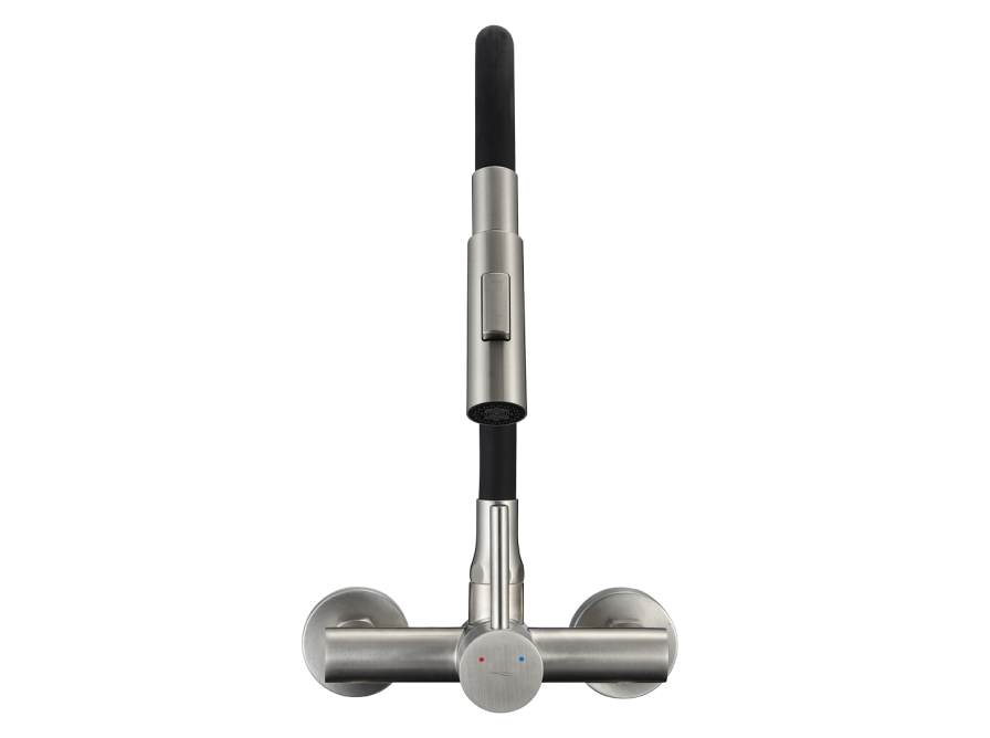 VELIA wall-mounted sink mixer with elastic 2-function spout, brushed steel/black, Brush steel/black - photo 4