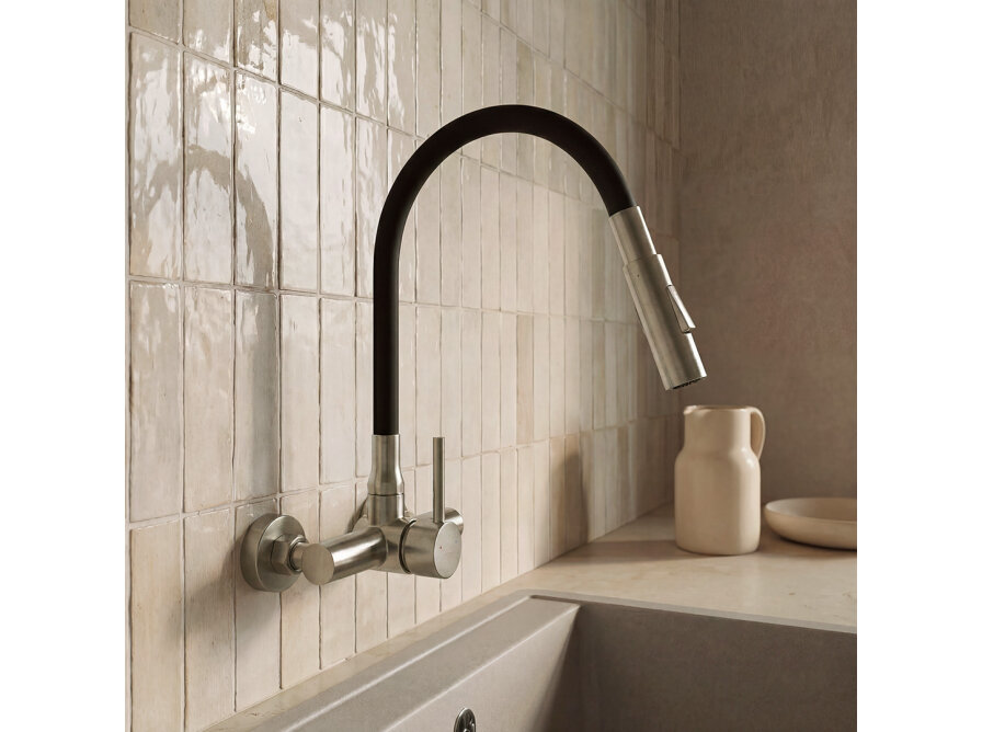 VELIA wall-mounted sink mixer with elastic 2-function spout, brushed steel/black, Brush steel/black - photo 5