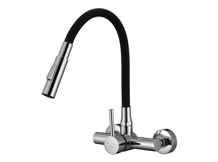 VELIA wall-mounted sink mixer with elastic 2-function spout, chrome/black, Chrome/black - photo 1