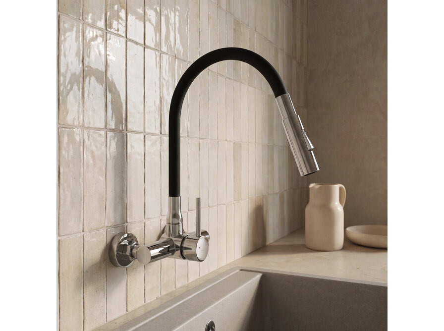 VELIA wall-mounted sink mixer with elastic 2-function spout, chrome/black, Chrome/black - photo 5