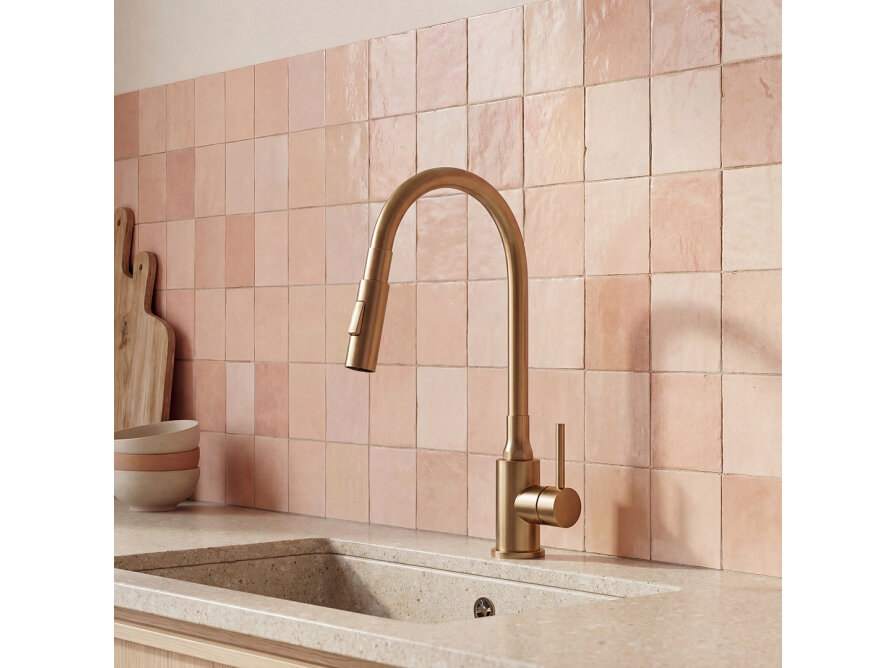 VELIA bateria zlewozmywakowa stojąca z elastyczną 2 - funkcyjną wylewką, złote szczotkowane, Złote szczotkowane - zdjęcie 5