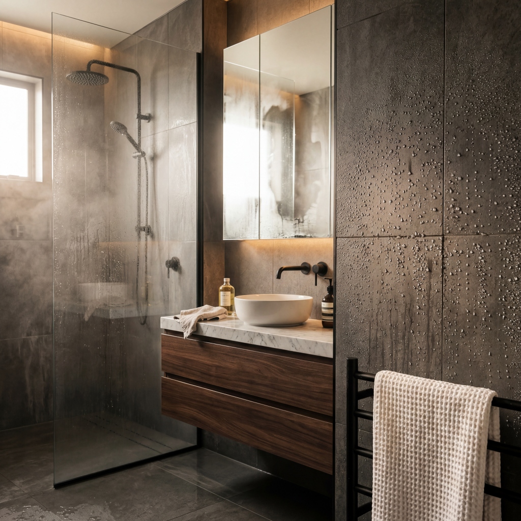 łazienka w kolorach beżu, brązu 