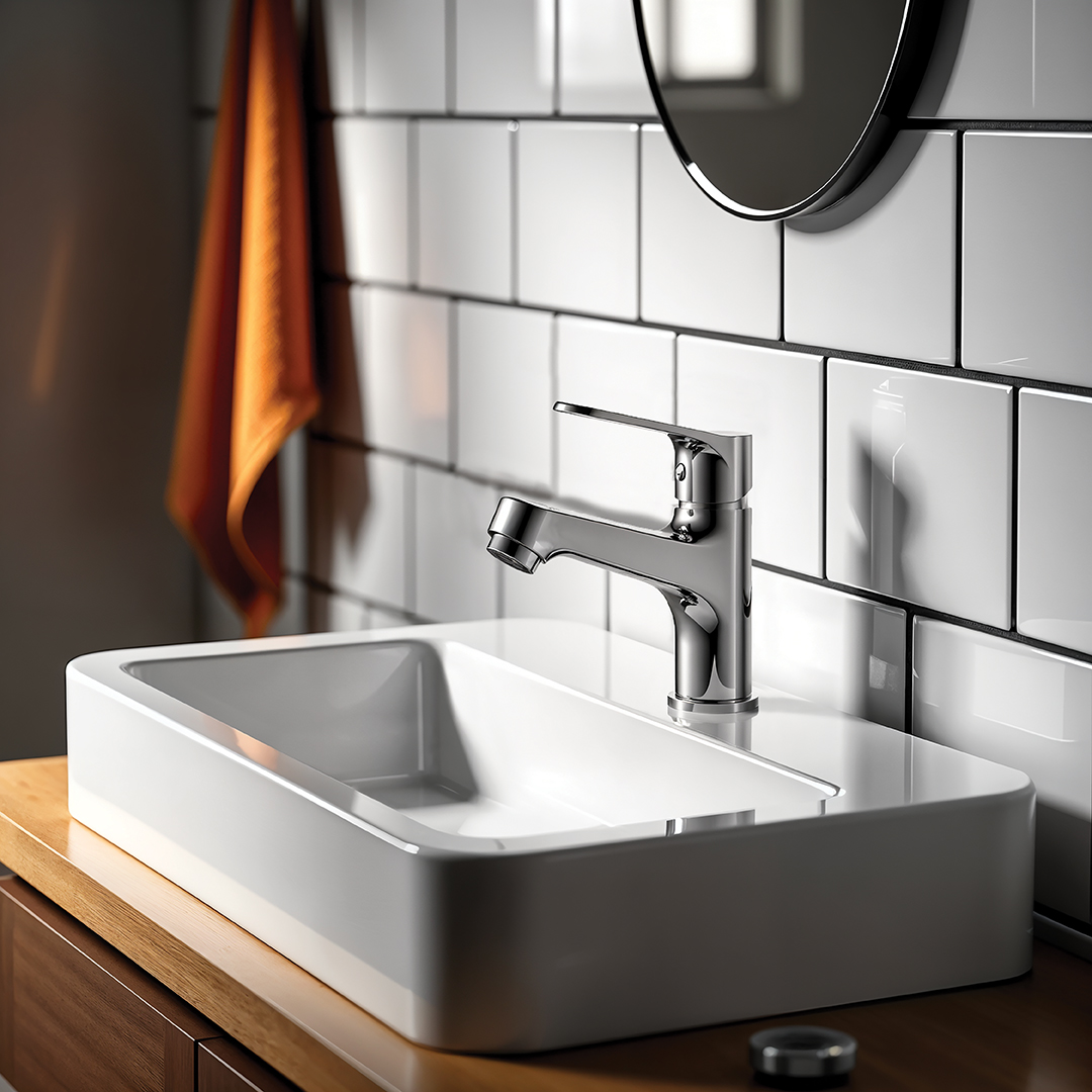 łazienka z białymi płytkami. Na białej umywalce zamontowana chromowa bateria.